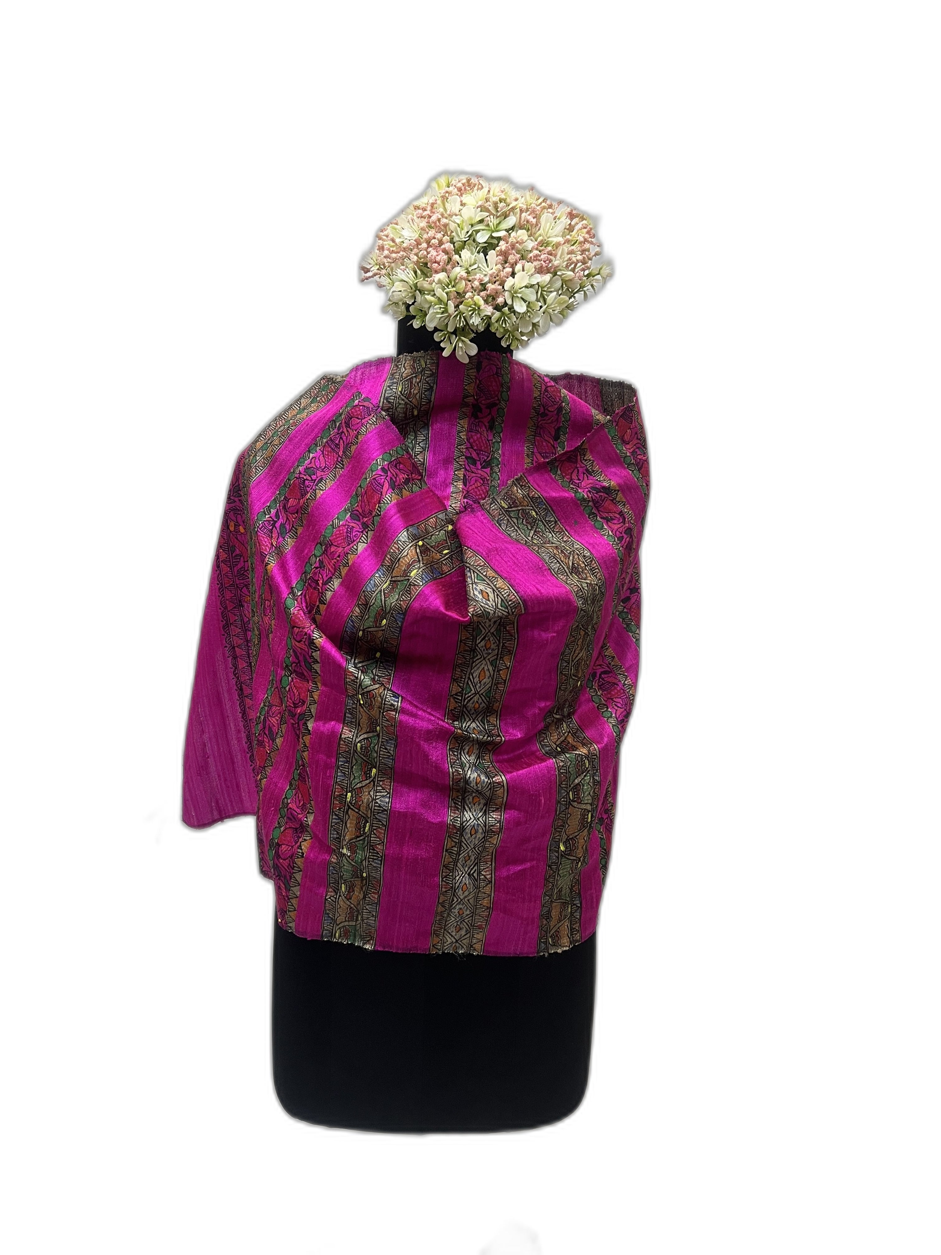 Madhubani Dupion Silk Stole in Hot Pink with Ghicha Stripes